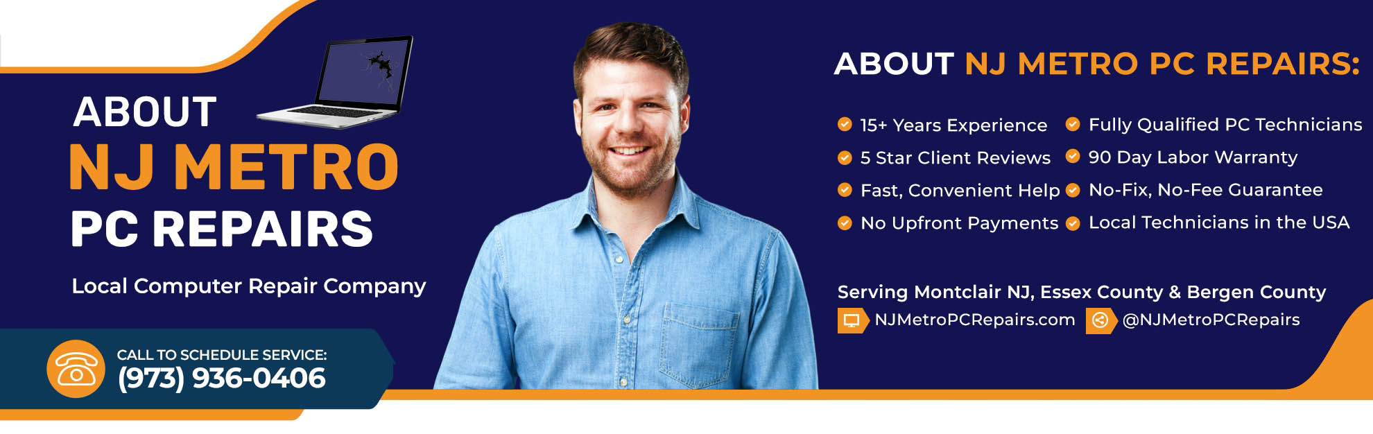 Banner Image with Confident Smiling Computer Repair Technician and A List Of Computer Repair Credentials